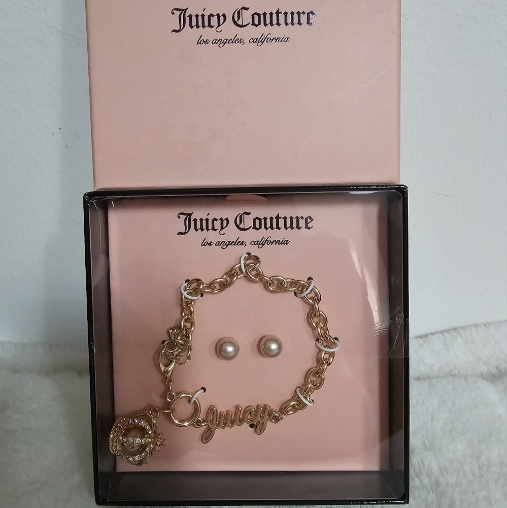 Juicy Couture Gold Toned Charm Bracelet and Earrings Set New In Box